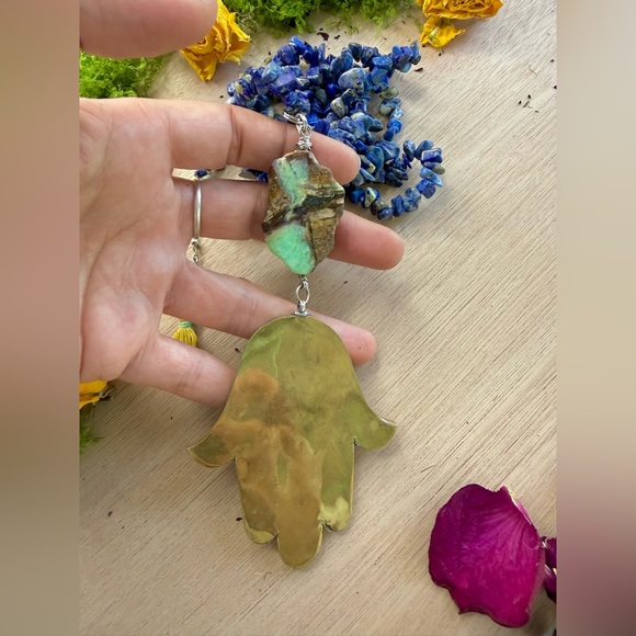 Lapis Lazuli & Chrysoprase Necklace with Hamsa Charm - Picture 4 of 5